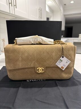 Chanel Maxi "Souplissimo" Large Flap Bag Beige Suede Gold Hardware